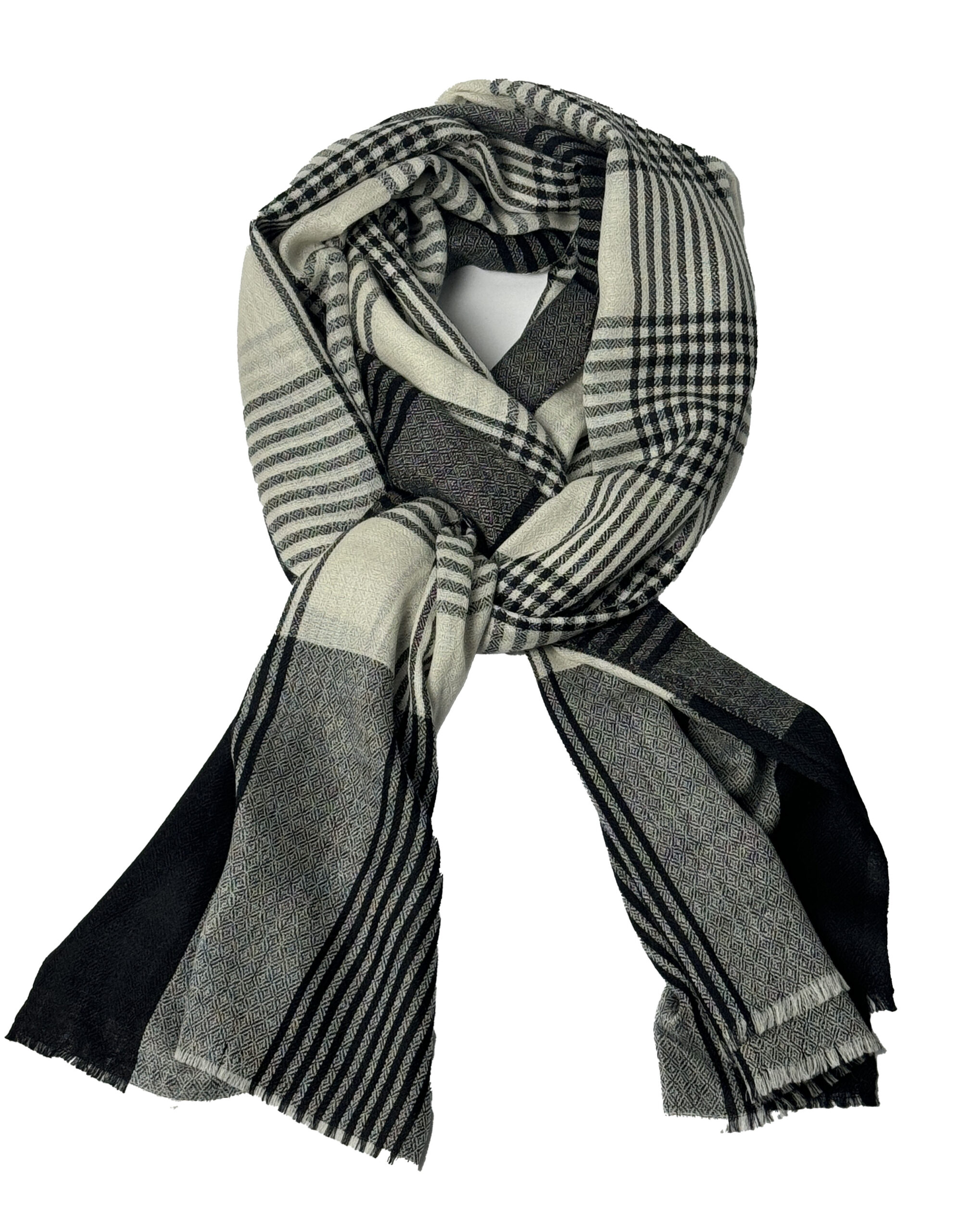 Semi Pashmina Black Beige Grey Strip Check - Image 3