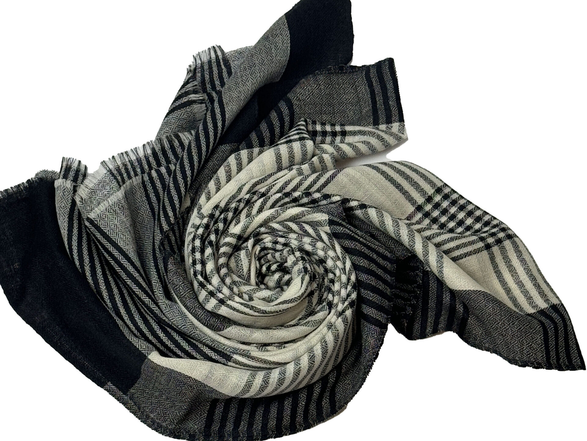 Semi Pashmina Black Beige Grey Strip Check