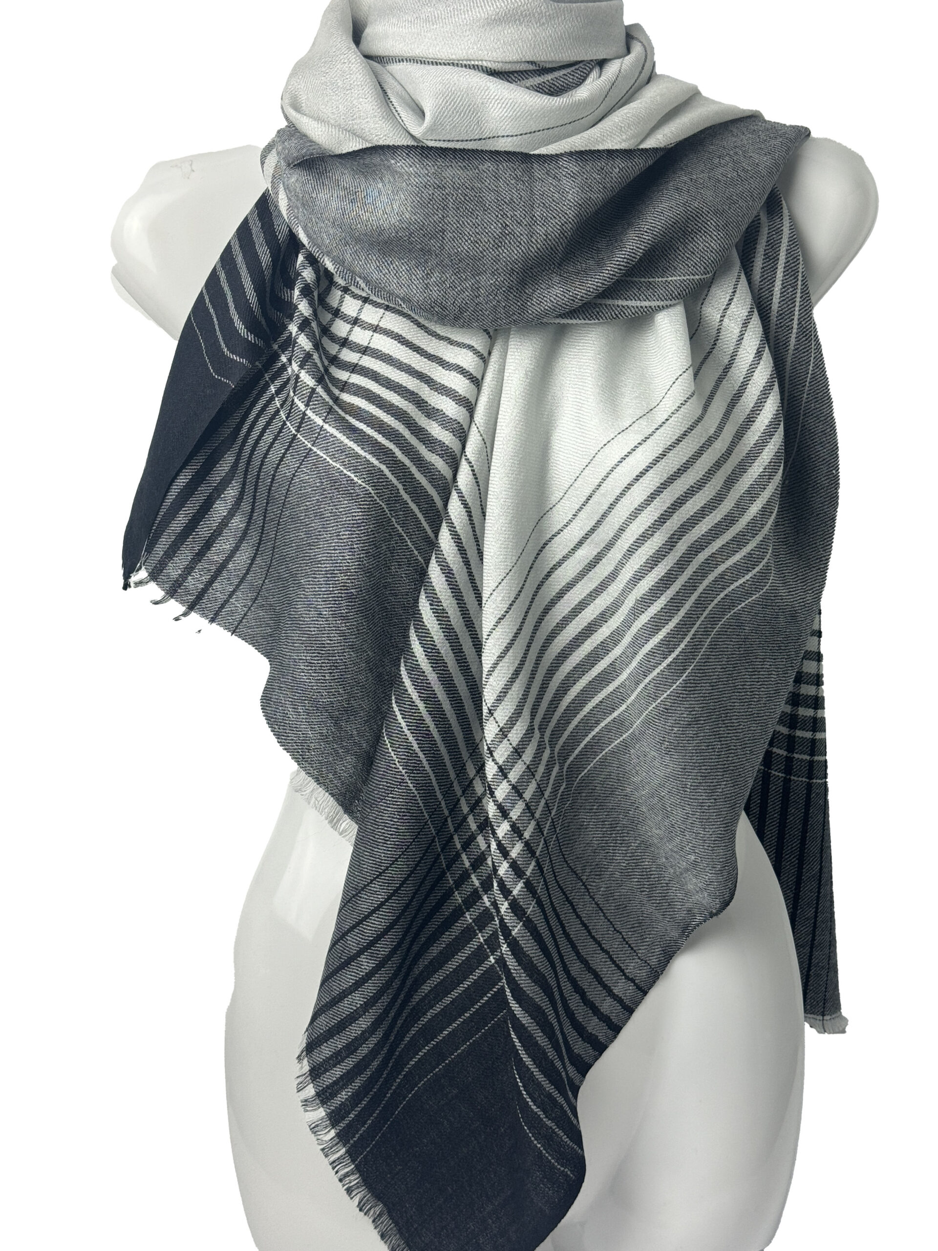 Semi Pashmina Black Cream Grey Stripe - Image 2