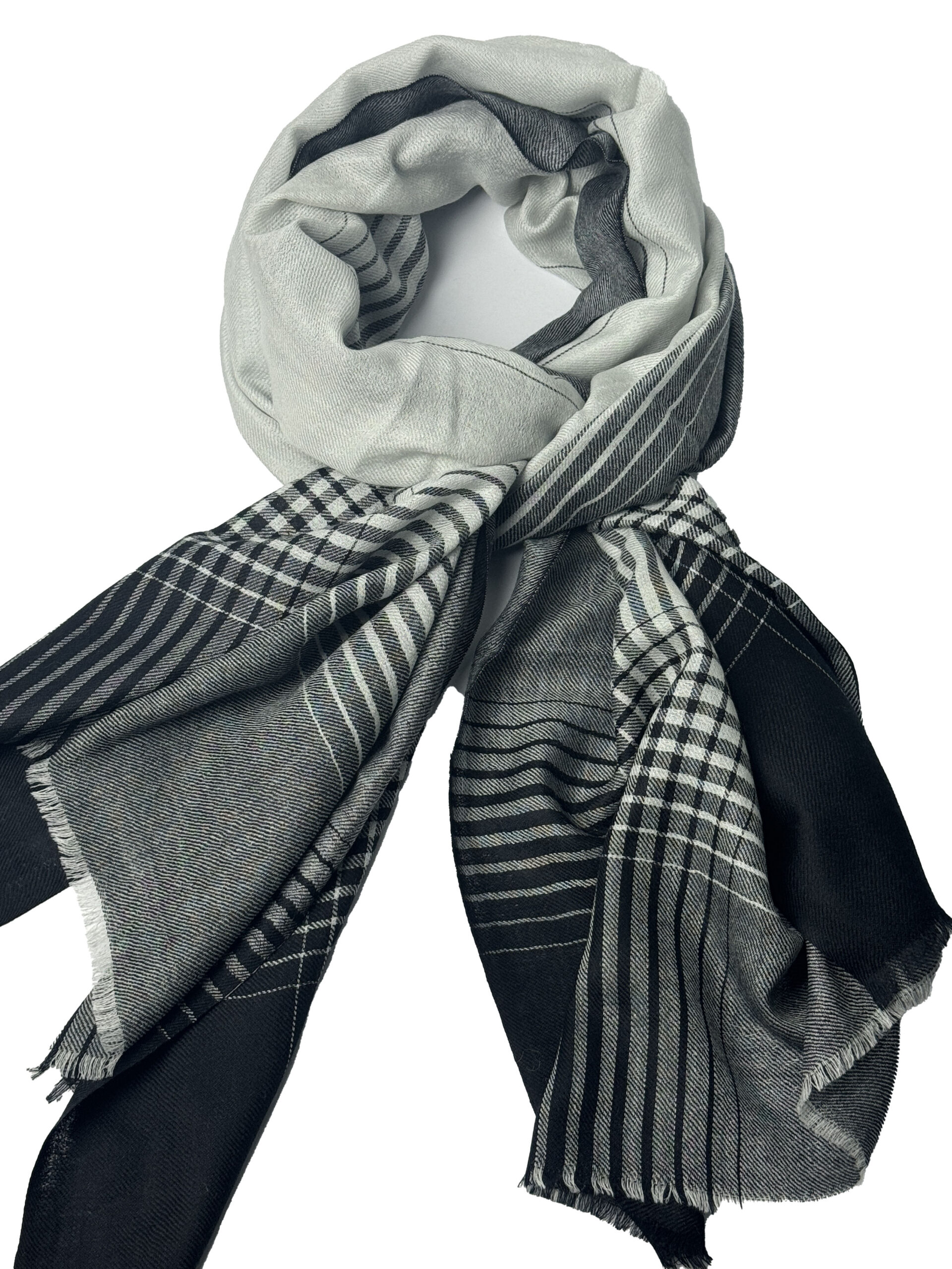 Semi Pashmina Black Cream Grey Stripe - Image 3