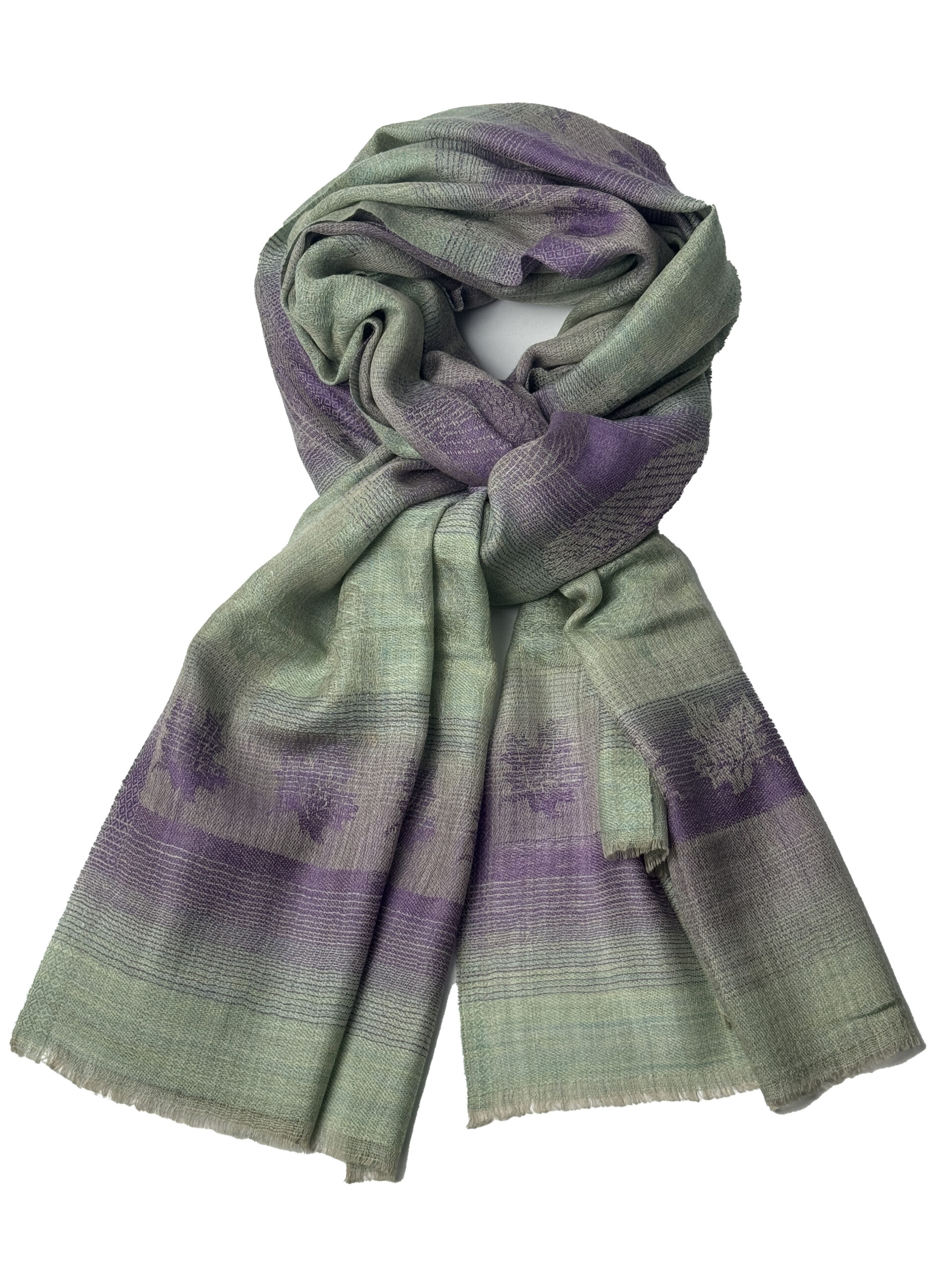 Semi Pashmina Green Purple with Gold Leaf - Image 3