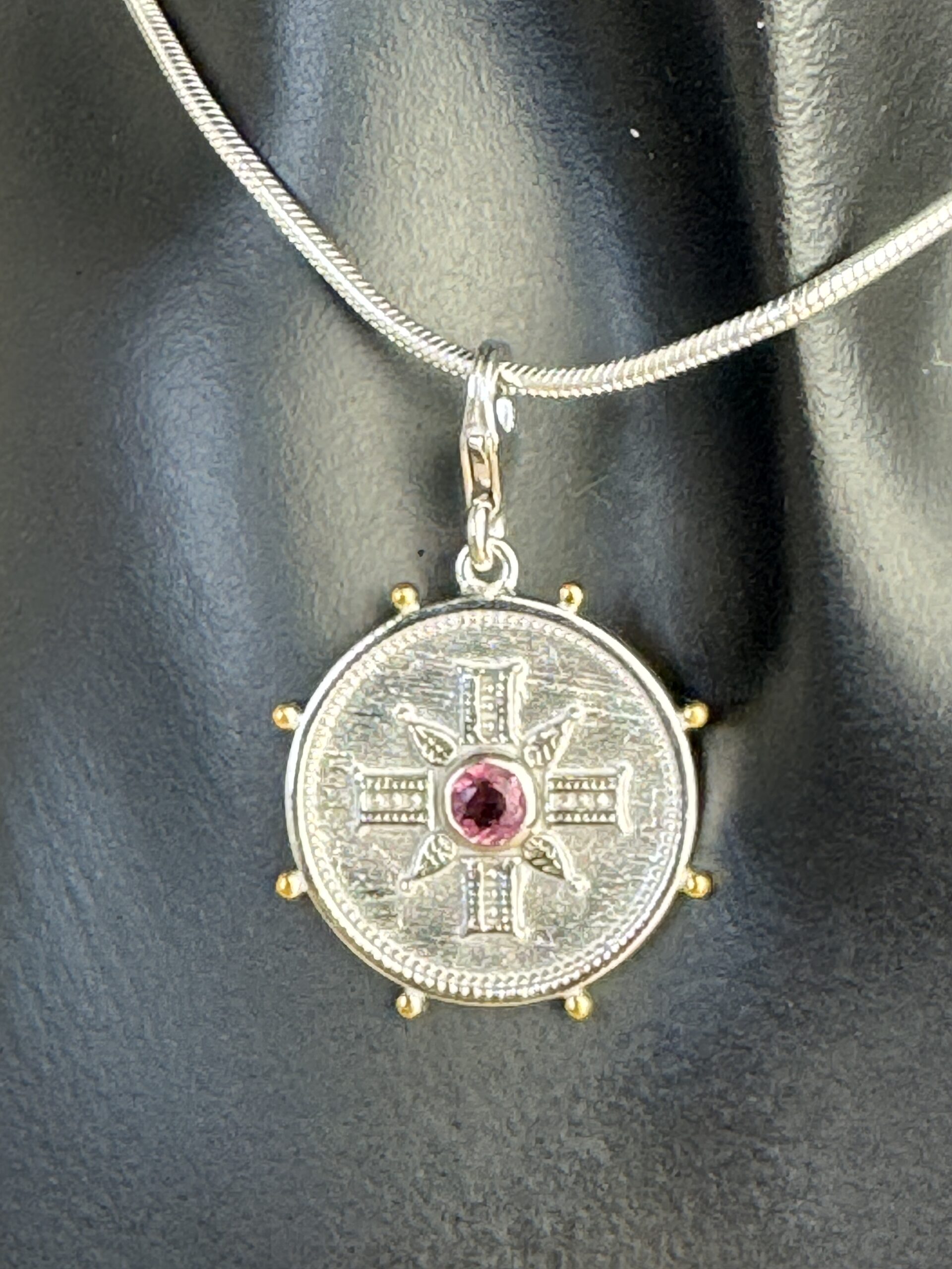 Coin Pendant with Pink Tourmaline semi-precious stone