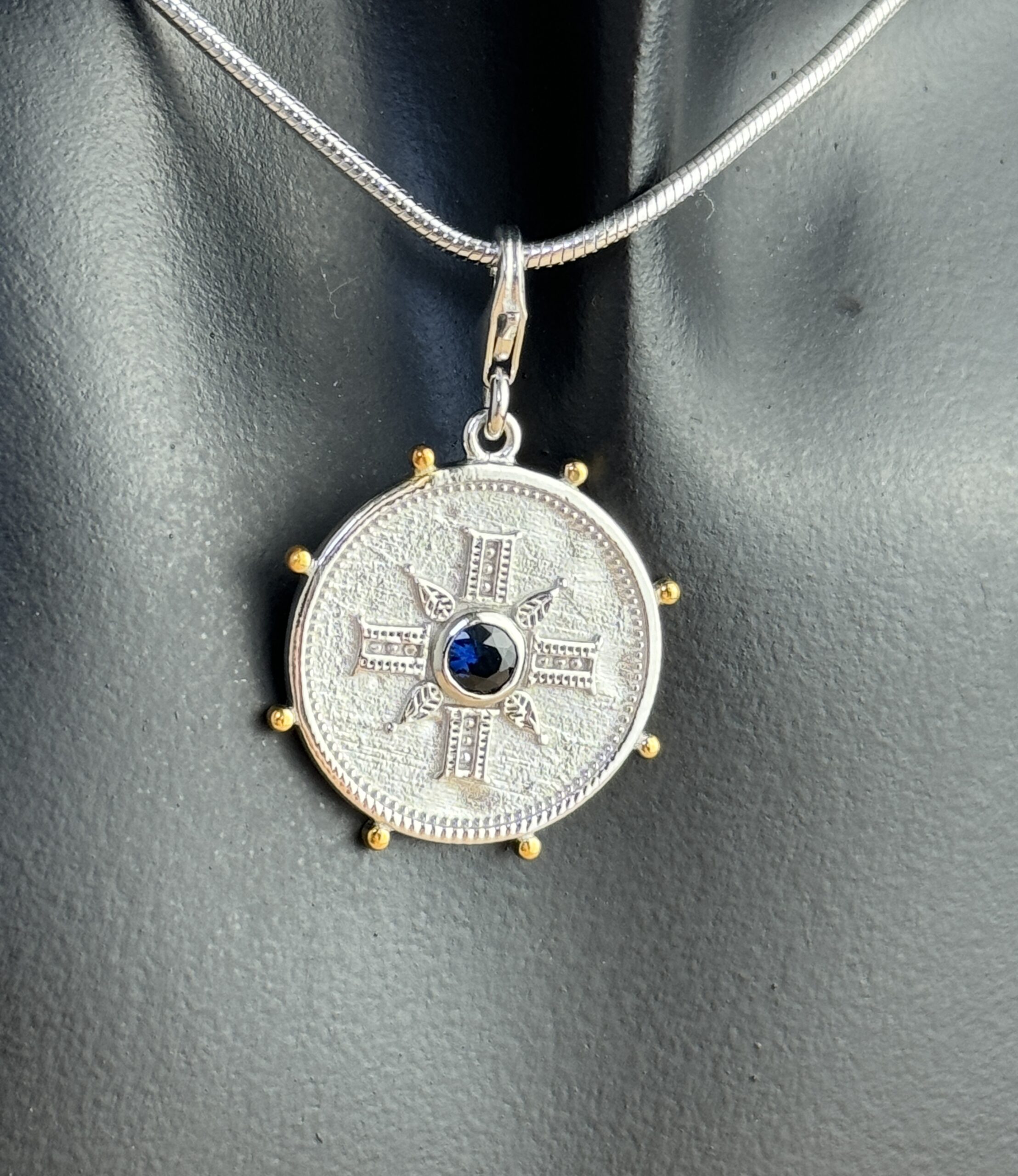 Coin Pendant with Sapphire semi-precious stone